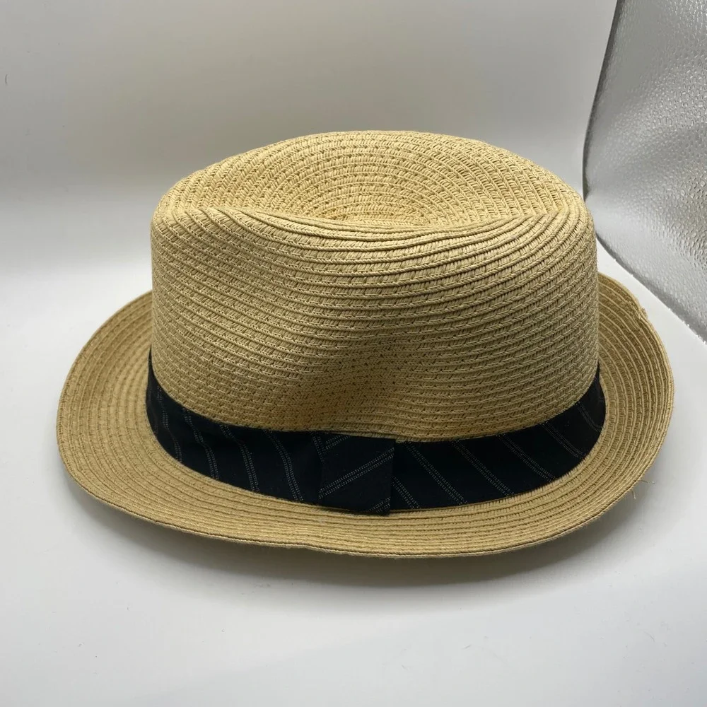 Perry Ellis‎ Portfolio Straw Fedora Hat Mens S/M Black Band Casual
